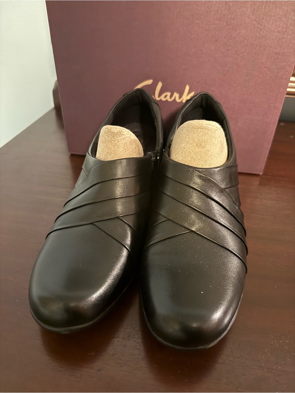 Clarks Black Leather Slip-On Loafers with Wrapped Vamp